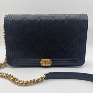 Authentic WOC BOY Chanel Black Quilted Leather Boy Bag with Gold Chain